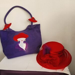Get Lucky / Purple / Red Hat Lady/ Purse / Tote & Red Feather Hat w/Heart Gems